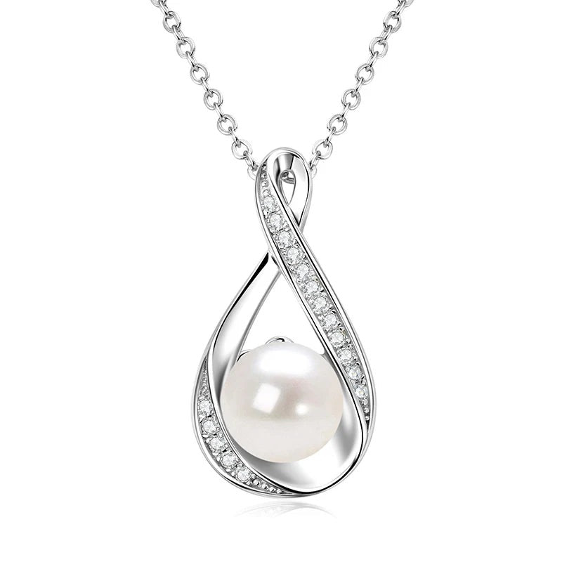 Elegant women's silver 925 necklace with a pearl pendant and sparkling cubic zirconia accents
