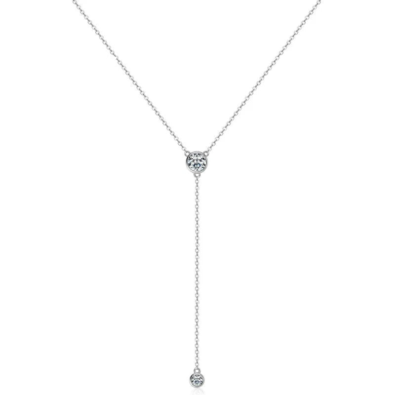 Dainty women's silver 925 lariat necklace with two sparkling round cubic zirconia stones