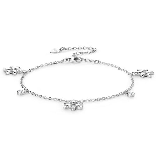 Women's silver 925 bracelet with delicate chain, flower charms, and round bezel-set stones