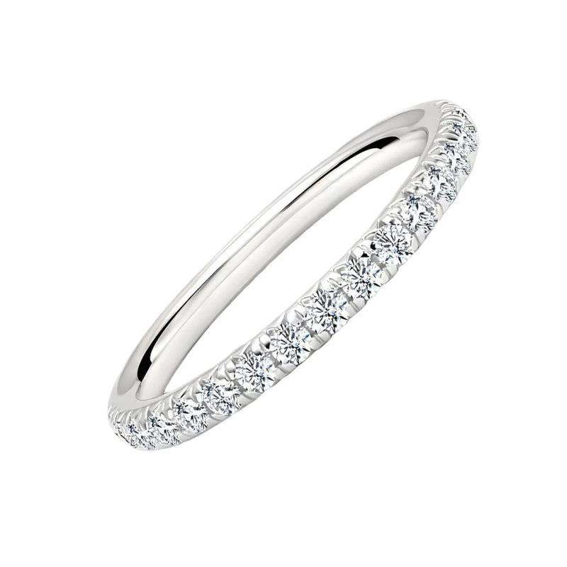 Elegant women's silver 925 ring with a row of sparkling diamonds on a white background