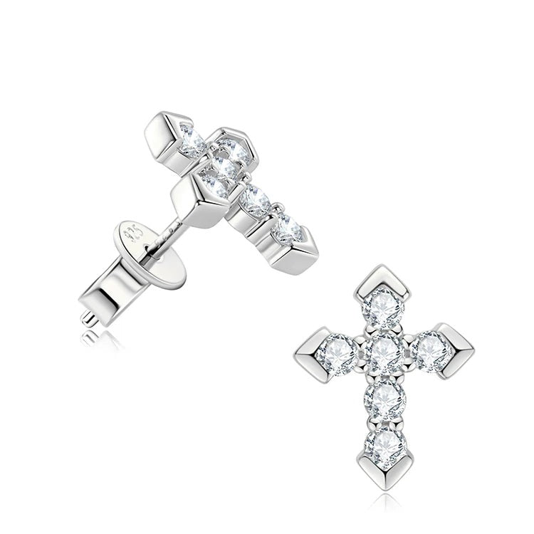 Sparkling women's silver 925 cross stud earrings with brilliant cubic zirconia stones