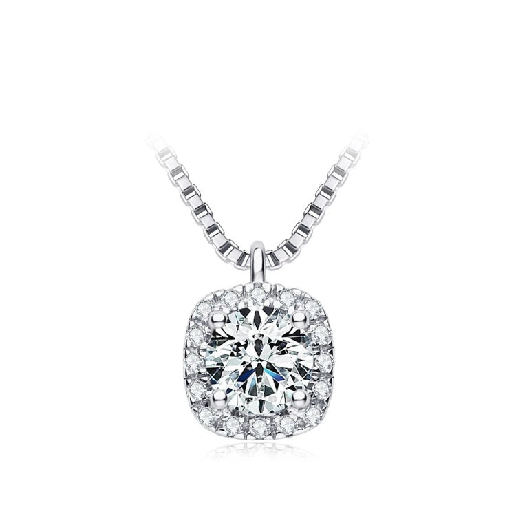 Sparkling women's silver 925 necklace with a square halo diamond pendant on a box chain