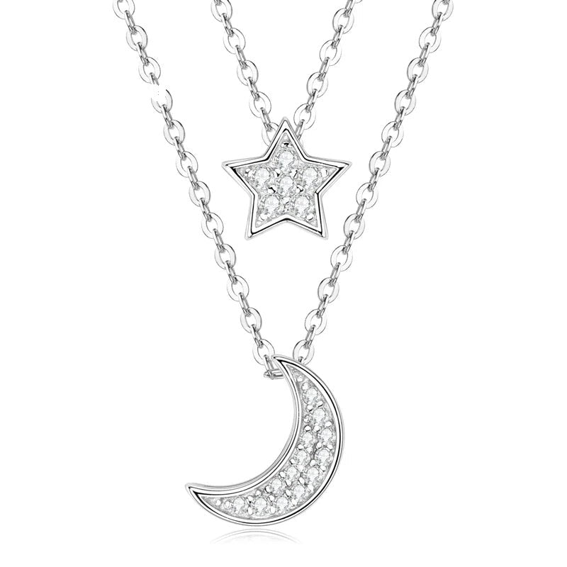 Two layered women's silver 925 necklaces with sparkling star and moon pendants