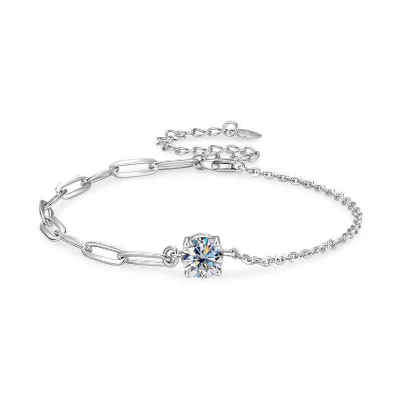Women's elegant silver 925 bracelet with a sparkling round solitaire diamond on white background