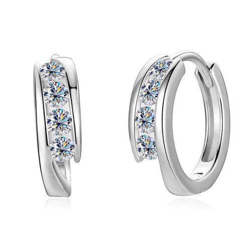Women's polished silver huggie hoop earrings with five sparkling round moissanite stones