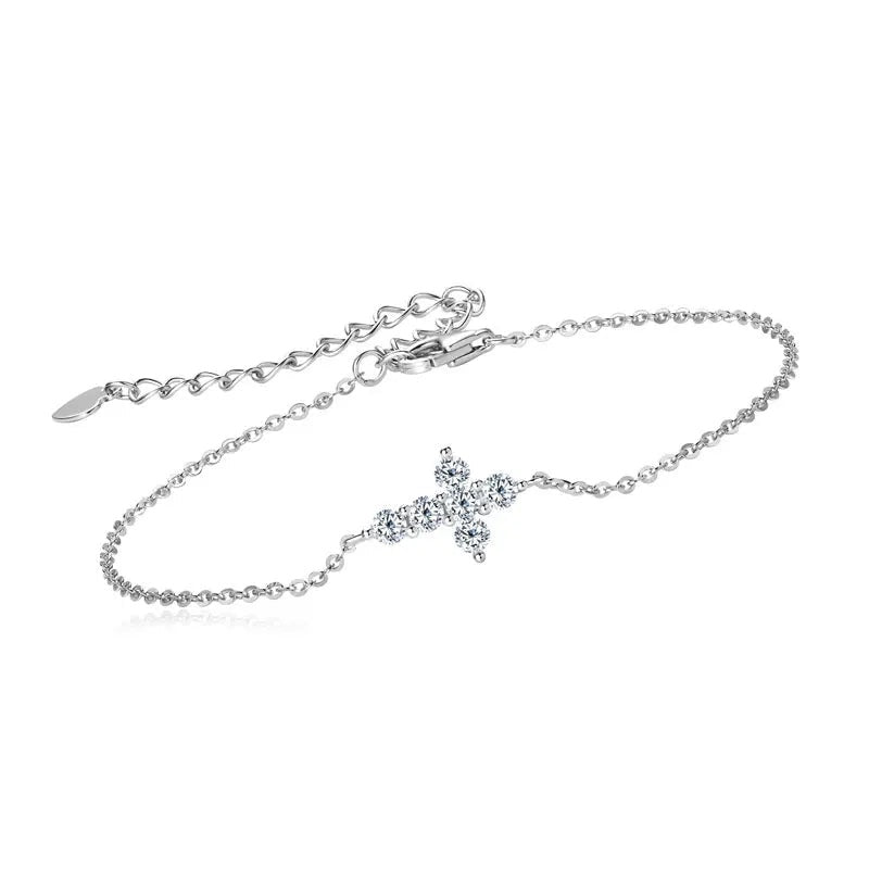 Women's delicate silver 925 bracelet with sparkling cubic zirconia cross pendant and adjustable chain