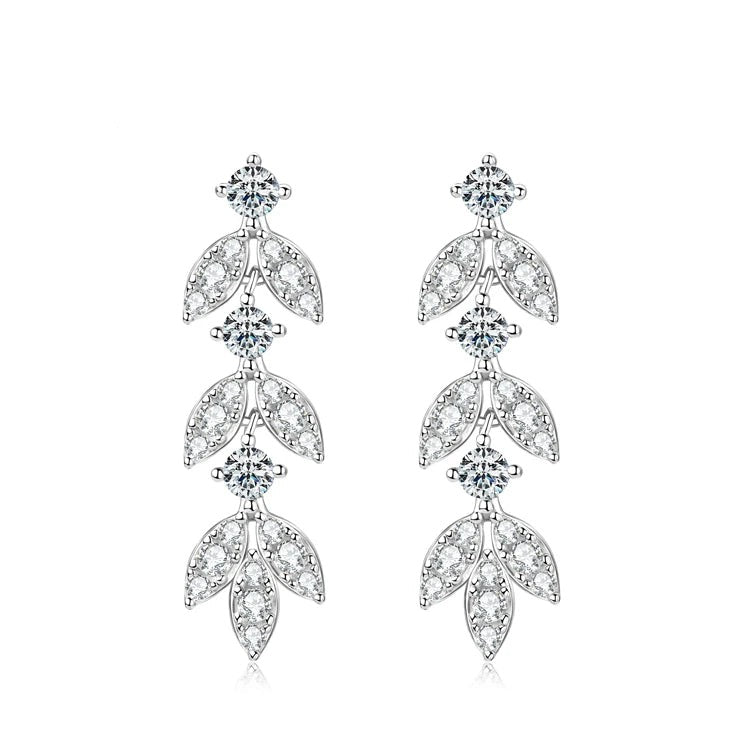 Elegant women's silver 925 drop earrings with sparkling cubic zirconia in a leaf design