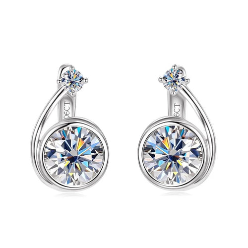 Women's sterling silver asymmetrical spiral clip hoop earrings with brilliant round moissanite stones