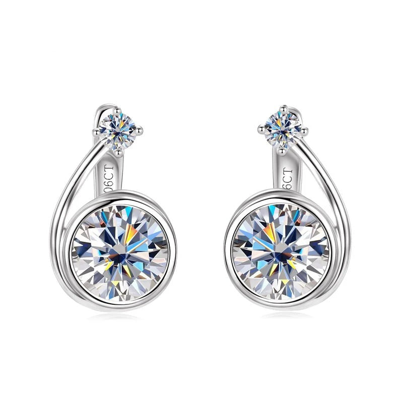 Women's sterling silver asymmetrical spiral clip hoop earrings with brilliant round moissanite stones