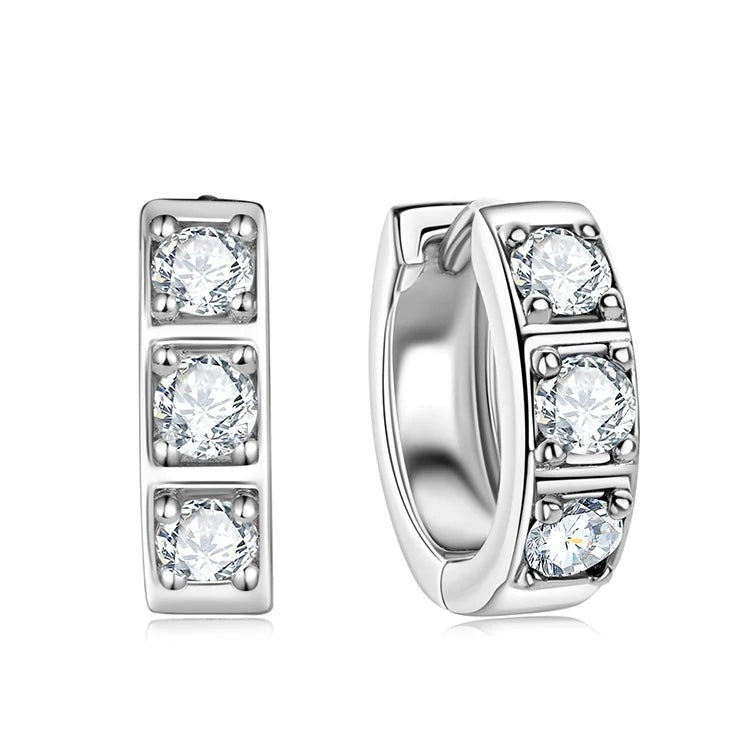 Pair of women's silver 925 hoop earrings with three sparkling cubic zirconia stones