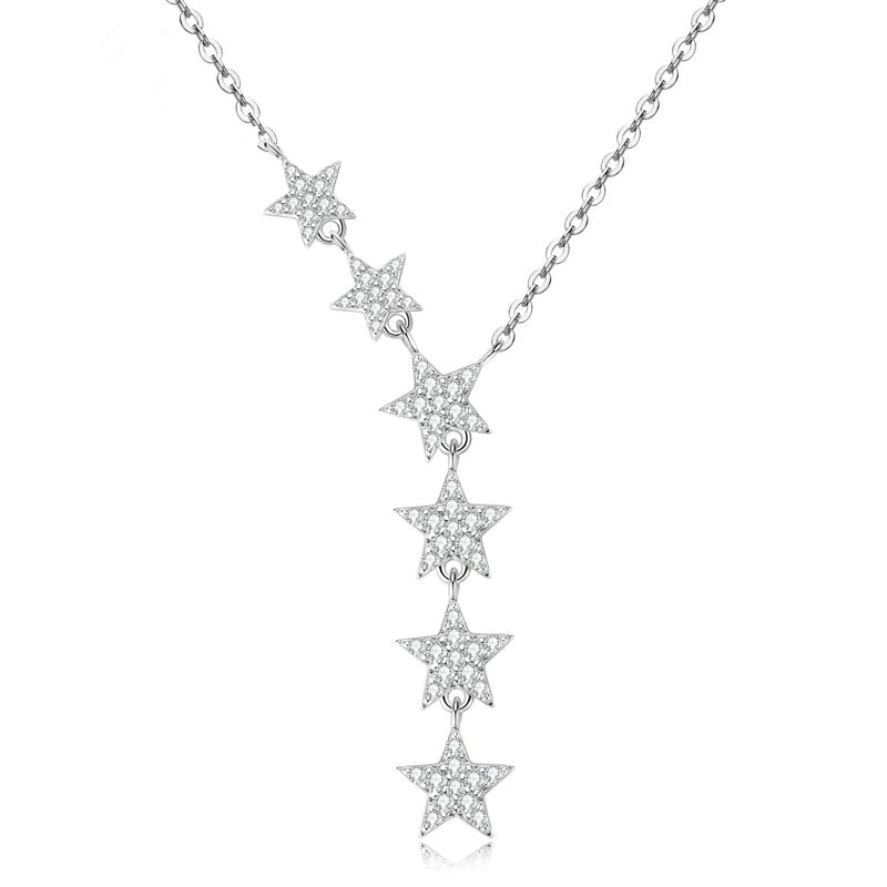 Sparkling silver 925 women's necklace with five pave crystal star pendants on a delicate chain