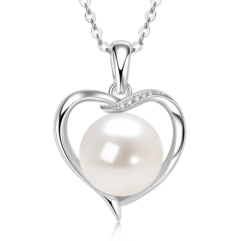 Women's silver 925 heart pendant necklace with a lustrous white pearl and sparkling accents