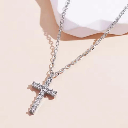 Women's silver 925 necklace with a pave crystal cross pendant on a delicate chain