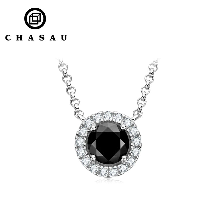 Silver Halo Black Moissanite Round Pendant Necklace
