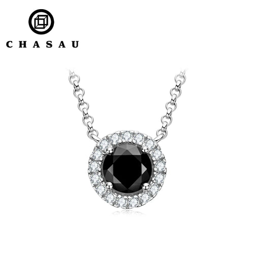 Silver Halo Black Moissanite Round Pendant Necklace