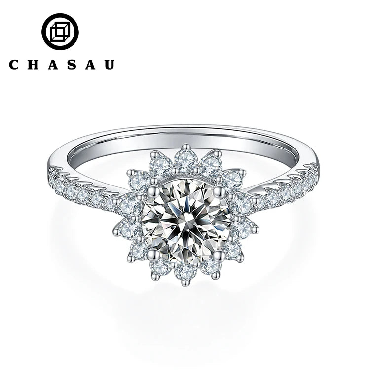 Moissanite Sunflower Halo Ring in Sterling Silver