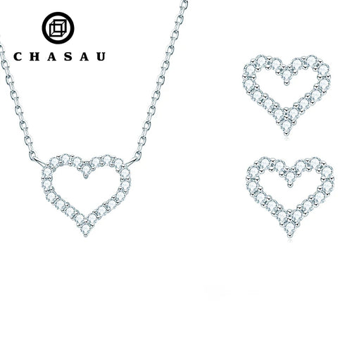 Sterling Silver Moissanite Open Heart Necklace Earrings Set