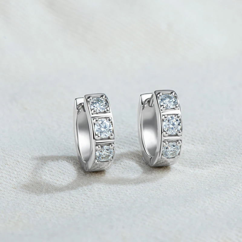 Moissanite Three Stone Huggie Hoop Earrings
