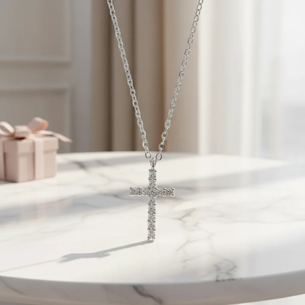 Pave Cross Pendant Necklace with Dainty Chain