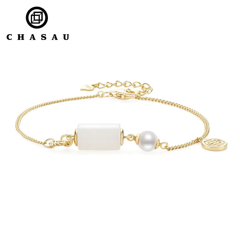 Gold-Plated Chain Bracelet with White Stone and Pearl Charm