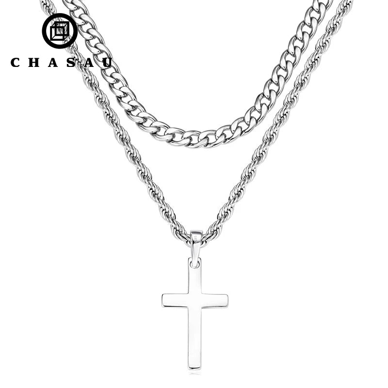 Men's Layered Cuban Rope Chain Cross Necklace