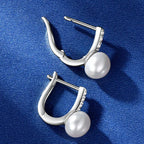 U-Shaped Hoop Earrings with Pearl and Clear Gemstones