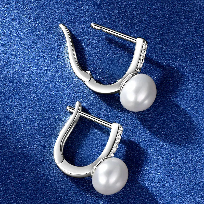 U-Shaped Hoop Earrings with Pearl and Clear Gemstones