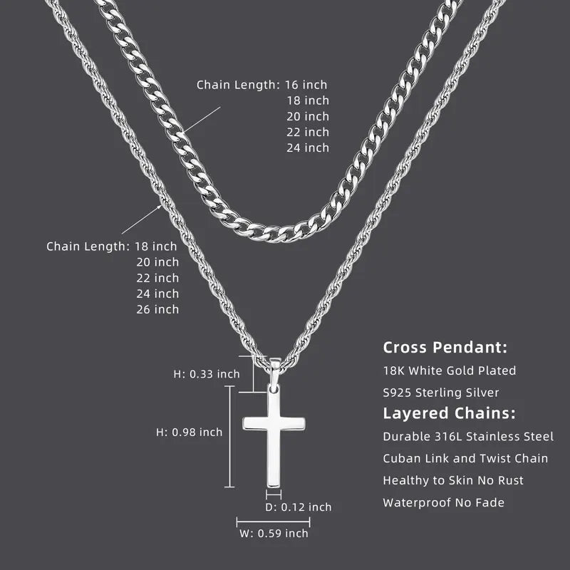 Men's Layered Cuban Rope Chain Cross Necklace