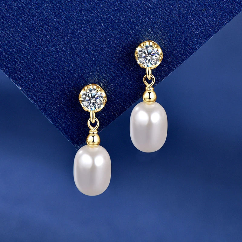 Dainty Oval Pearl & CZ Drop Earrings