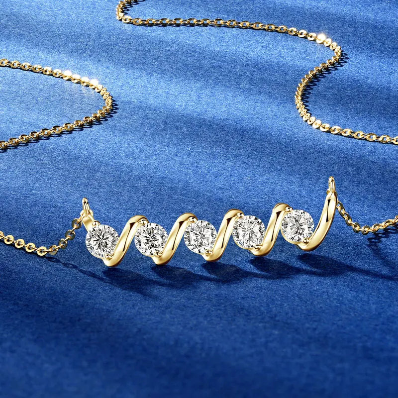 Wave Design Five Stone Gold Silver Pendant Necklace