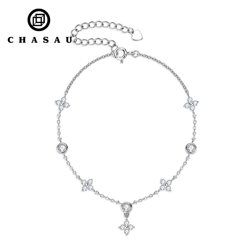 Dainty Moissanite Clover Sterling Silver Chain Bracelet