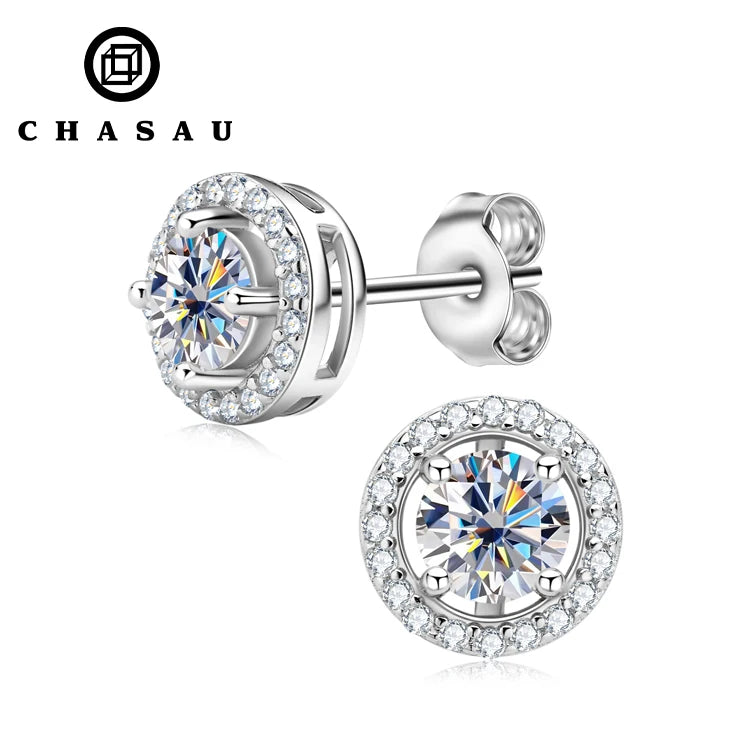 Classic Halo Moissanite Sterling Silver Stud Earrings