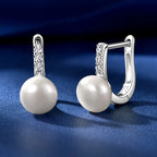 U-Shaped Hoop Earrings with Pearl and Clear Gemstones