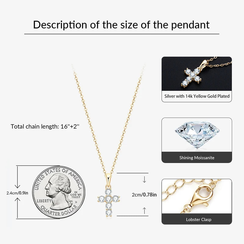 Moissanite Cross Pendant Necklace Silver or Gold