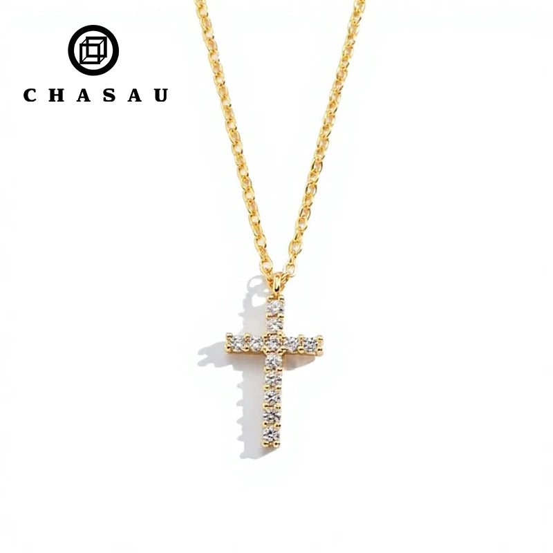 Pave Cross Pendant Necklace with Dainty Chain