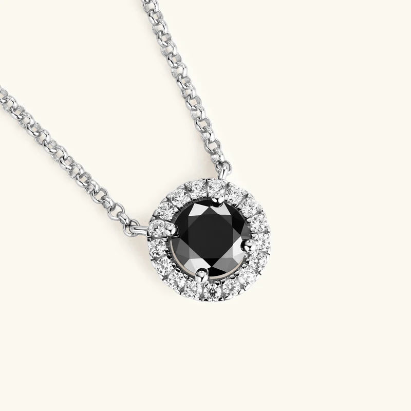 Silver Halo Black Moissanite Round Pendant Necklace