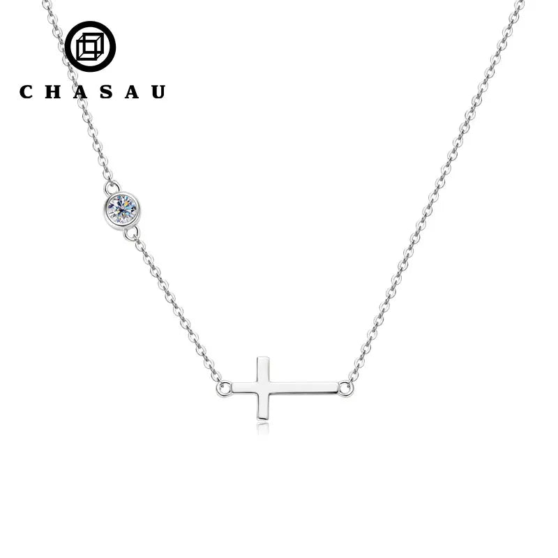 Sideways Moissanite Cross Necklace in Sterling Silver