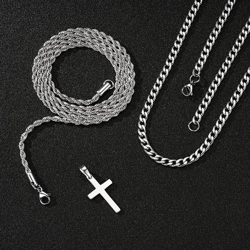 Men's Layered Cuban Rope Chain Cross Necklace