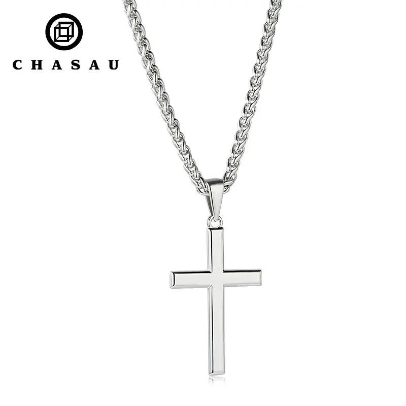Polished Silver Cross Pendant Necklace Wheat Chain