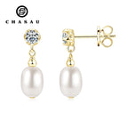 Dainty Oval Pearl & CZ Drop Earrings