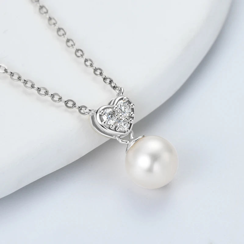 Freshwater Pearl and CZ Heart Pendant Necklace