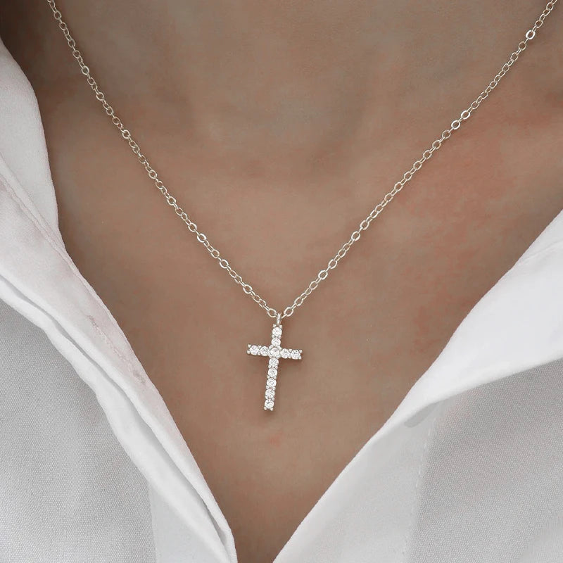Pave Cross Pendant Necklace with Dainty Chain