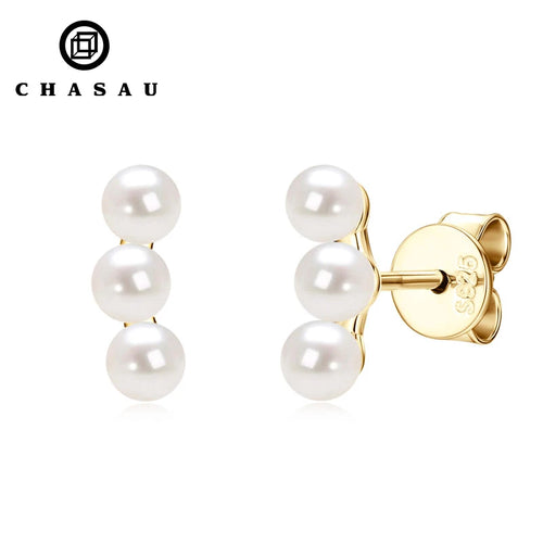Triple Pearl Bar Gold Plated Silver Stud Earrings