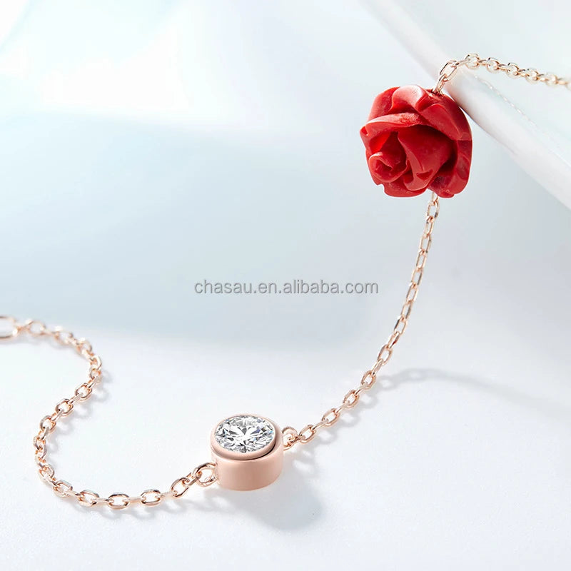 Rose Gold Chain Anklet with Red Rose and CZ