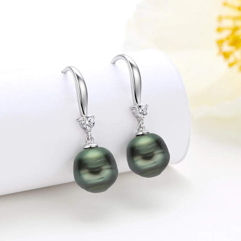 Tahitian Black Pearl Hook Earrings with Zirconia