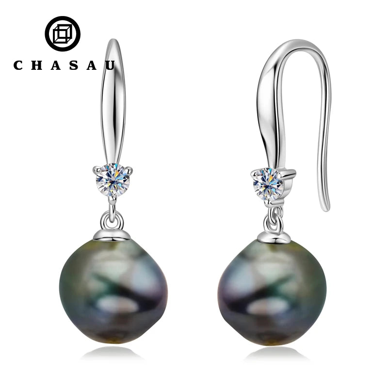Tahitian Black Pearl Hook Earrings with Zirconia