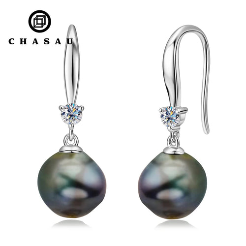 Silver Hook Earrings with CZ and Black Pearl Drop