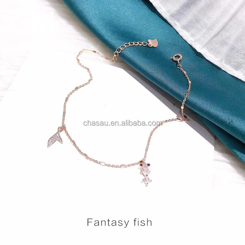 Dainty Silver Rose Gold Adjustable Charm Anklet