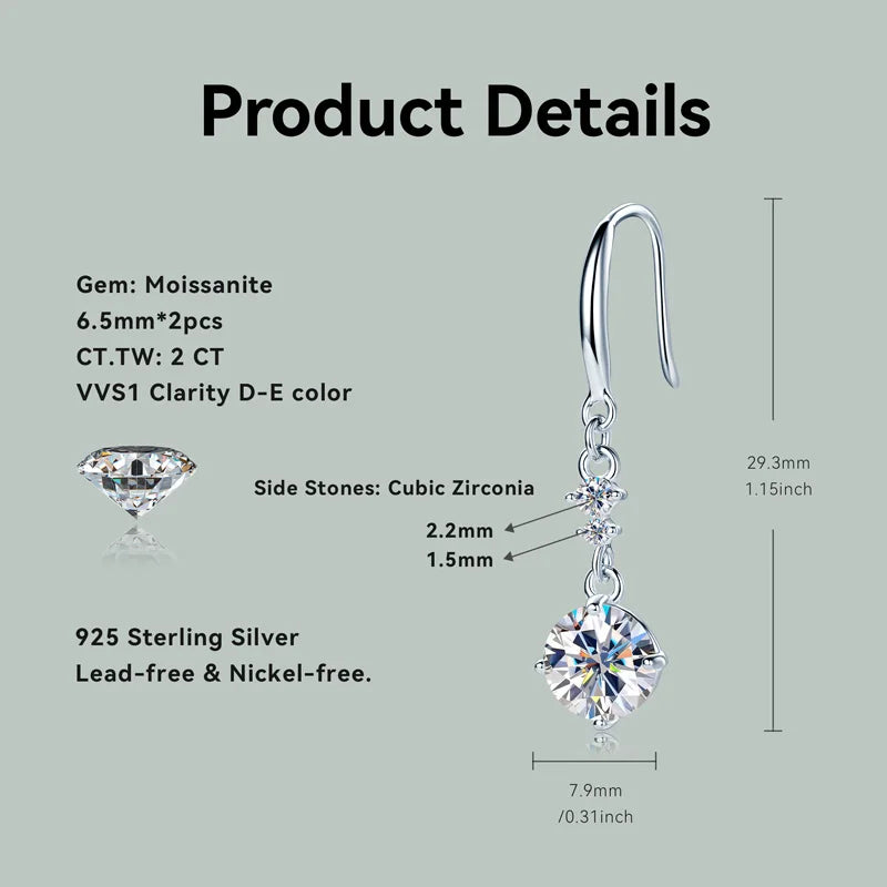 Sterling Silver Moissanite Dangle Drop Earrings