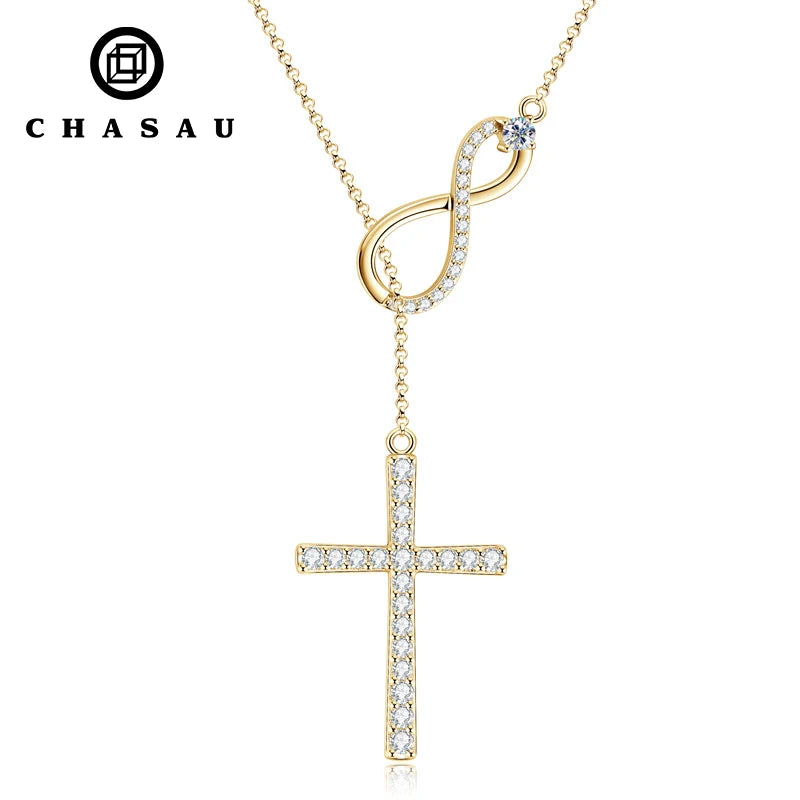 Infinity Cross Lariat Moissanite 925 Silver Necklace